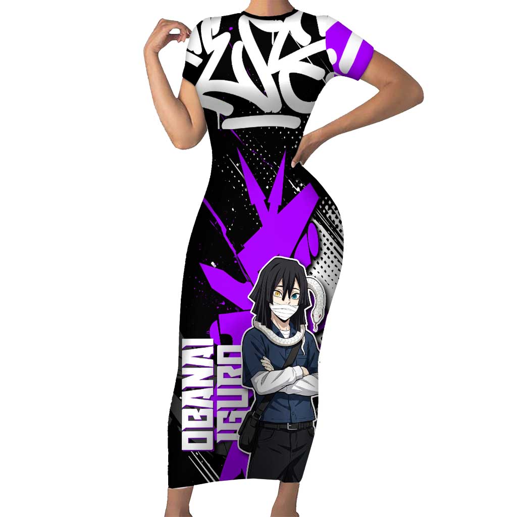 Obanai Iguro Demon Slayer Short Sleeve Bodycon Dress Purple Graffiti Anime Style