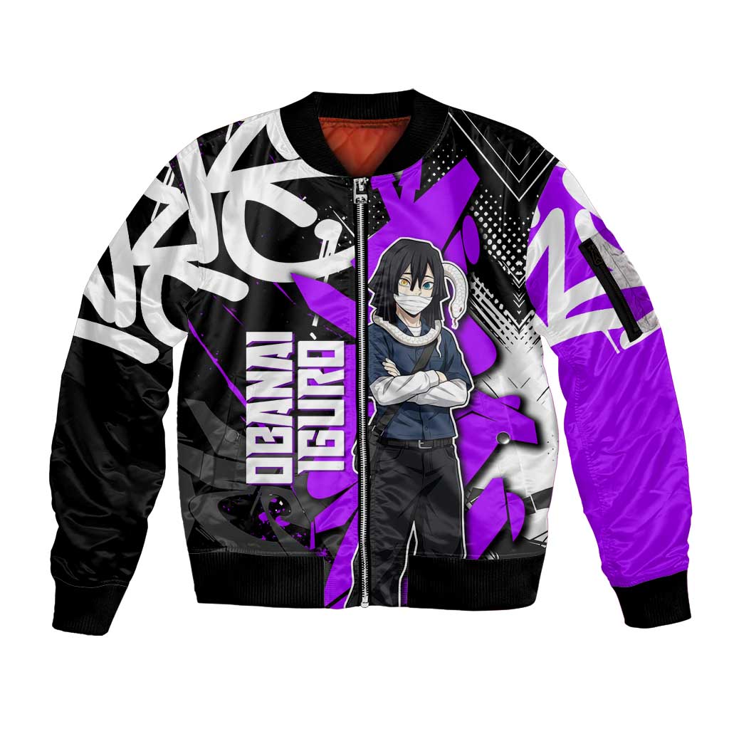 Obanai Iguro Demon Slayer Sleeve Zip Bomber Jacket Purple Graffiti Anime Style