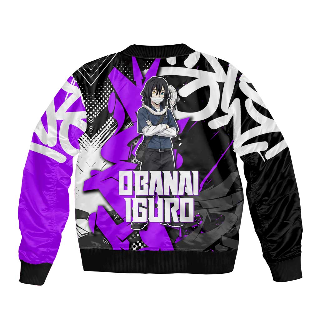 Obanai Iguro Demon Slayer Sleeve Zip Bomber Jacket Purple Graffiti Anime Style