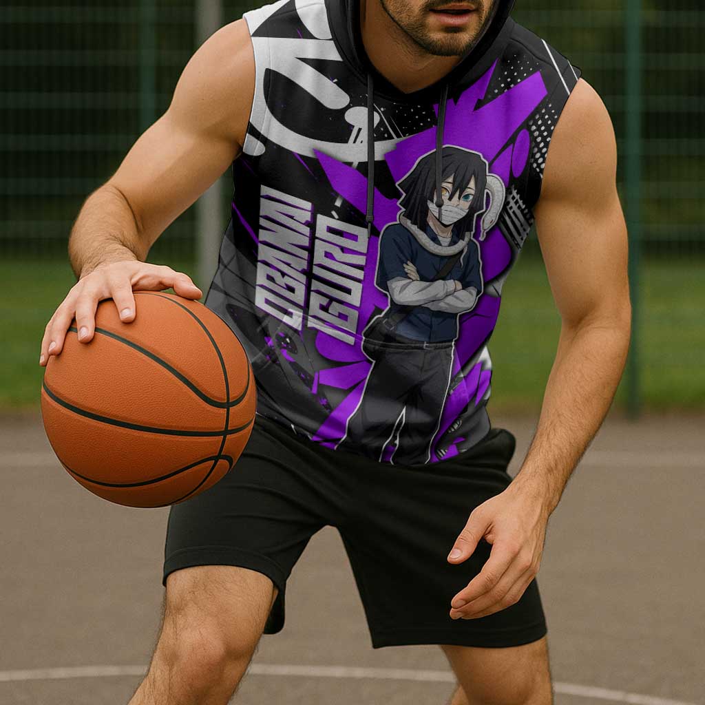 Obanai Iguro Demon Slayer Sleeveless Hoodie Purple Graffiti Anime Style
