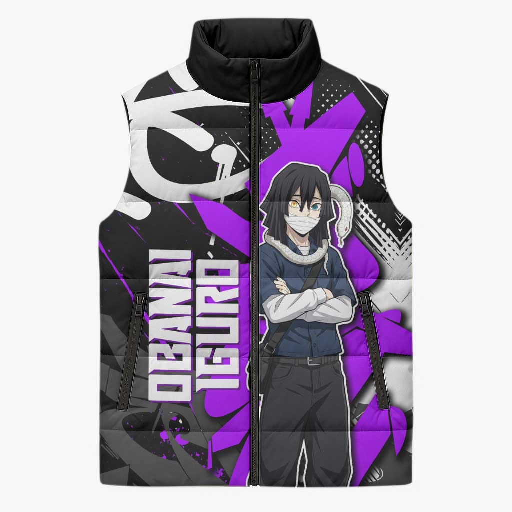 Obanai Iguro Demon Slayer Sleeveless Puffer Jacket Purple Graffiti Anime Style