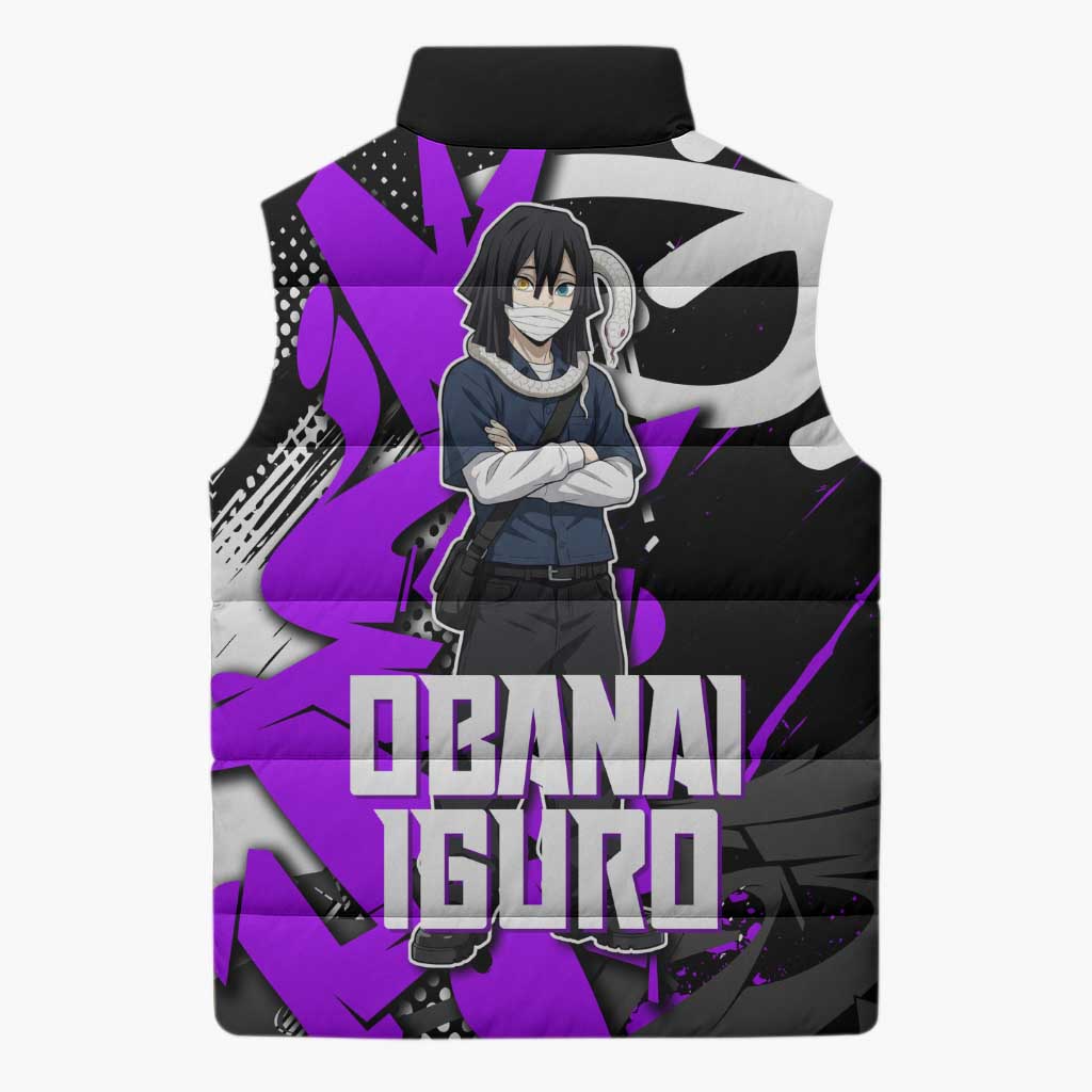 Obanai Iguro Demon Slayer Sleeveless Puffer Jacket Purple Graffiti Anime Style