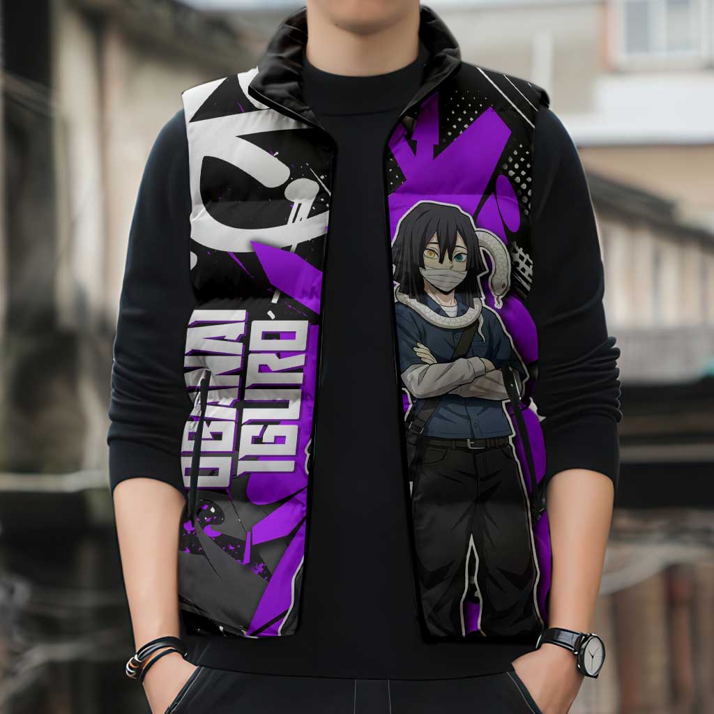Obanai Iguro Demon Slayer Sleeveless Puffer Jacket Purple Graffiti Anime Style