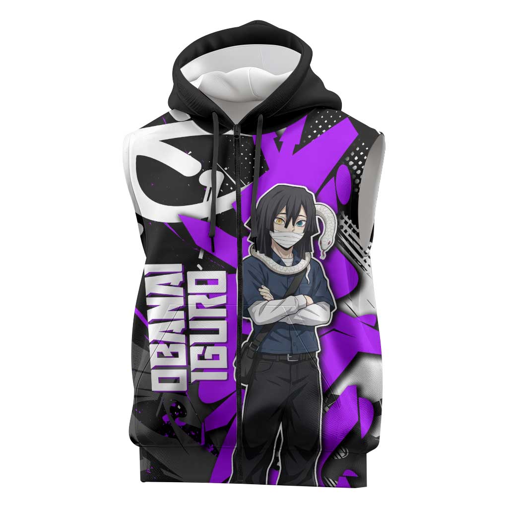 Obanai Iguro Demon Slayer Sleeveless Zip Hoodie Purple Graffiti Anime Style