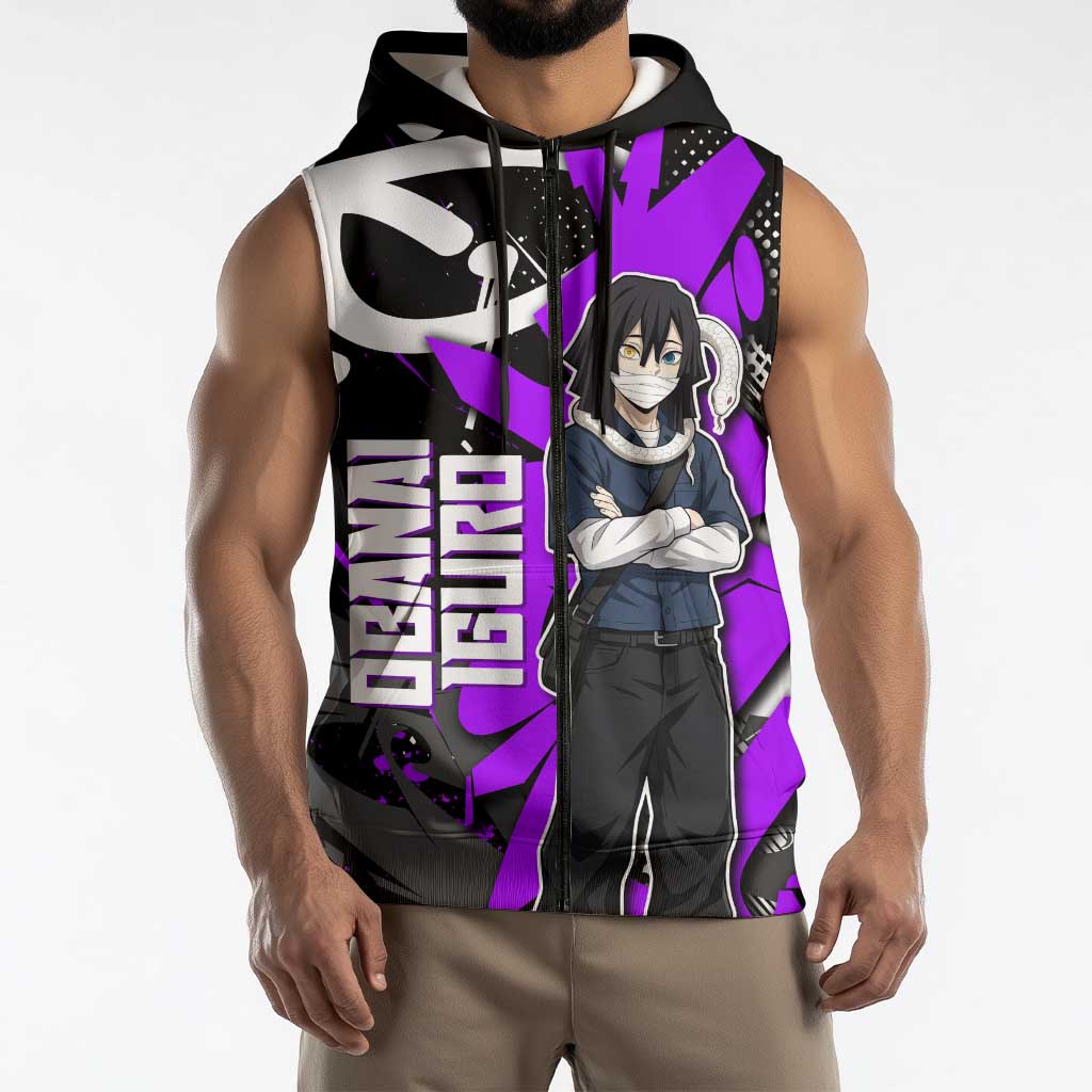 Obanai Iguro Demon Slayer Sleeveless Zip Hoodie Purple Graffiti Anime Style