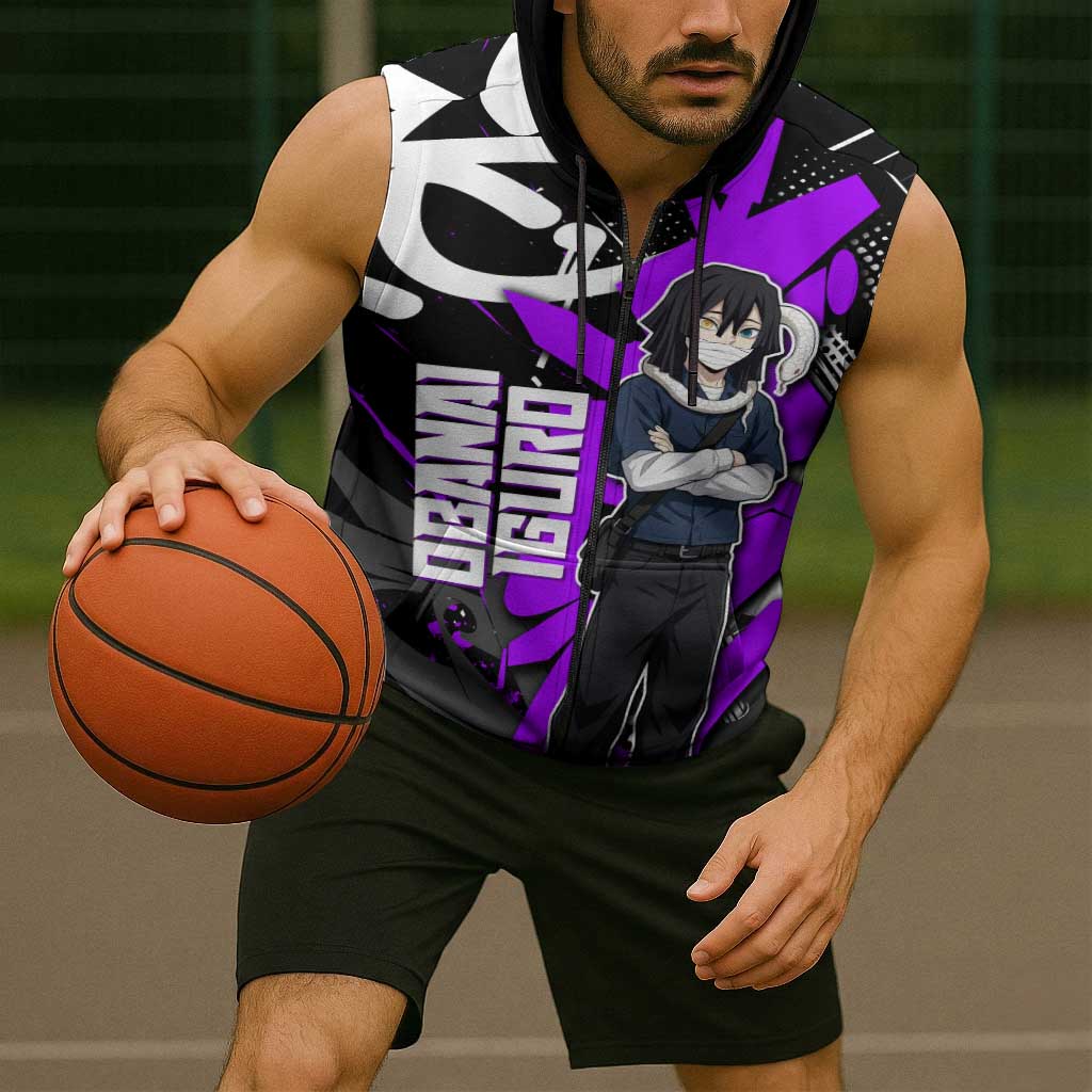 Obanai Iguro Demon Slayer Sleeveless Zip Hoodie Purple Graffiti Anime Style