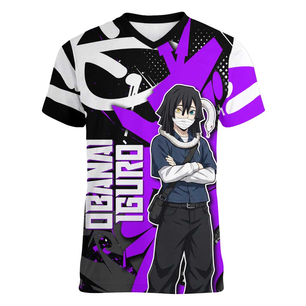 Obanai Iguro Demon Slayer Women V-Neck T-Shirt Purple Graffiti Anime Style