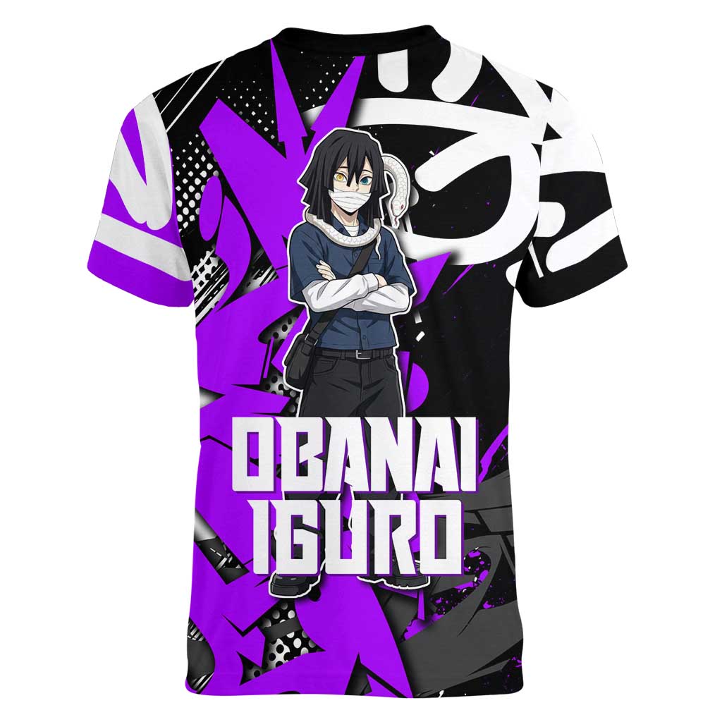 Obanai Iguro Demon Slayer Women V-Neck T-Shirt Purple Graffiti Anime Style