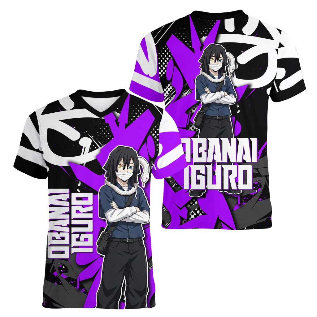Obanai Iguro Demon Slayer Women V-Neck T-Shirt Purple Graffiti Anime Style