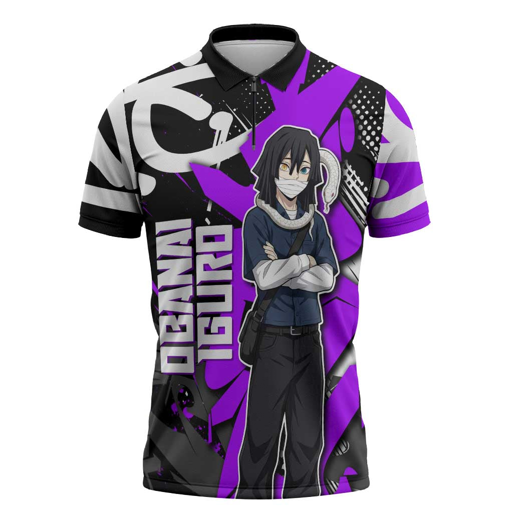 Obanai Iguro Demon Slayer Zipper Polo Shirt Purple Graffiti Anime Style