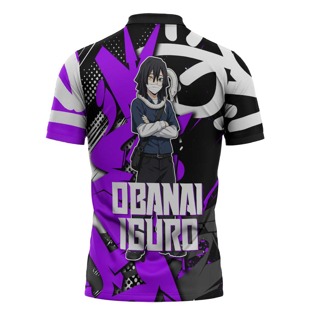 Obanai Iguro Demon Slayer Zipper Polo Shirt Purple Graffiti Anime Style