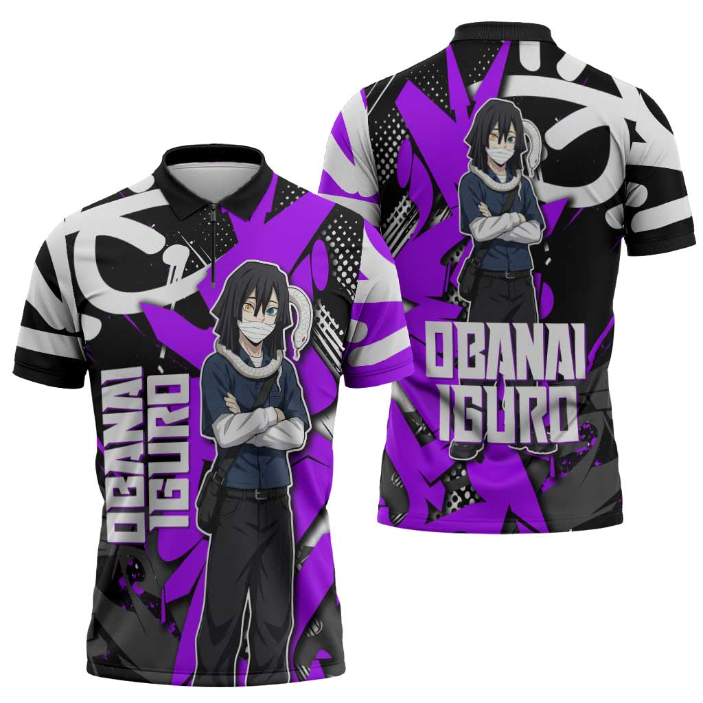 Obanai Iguro Demon Slayer Zipper Polo Shirt Purple Graffiti Anime Style