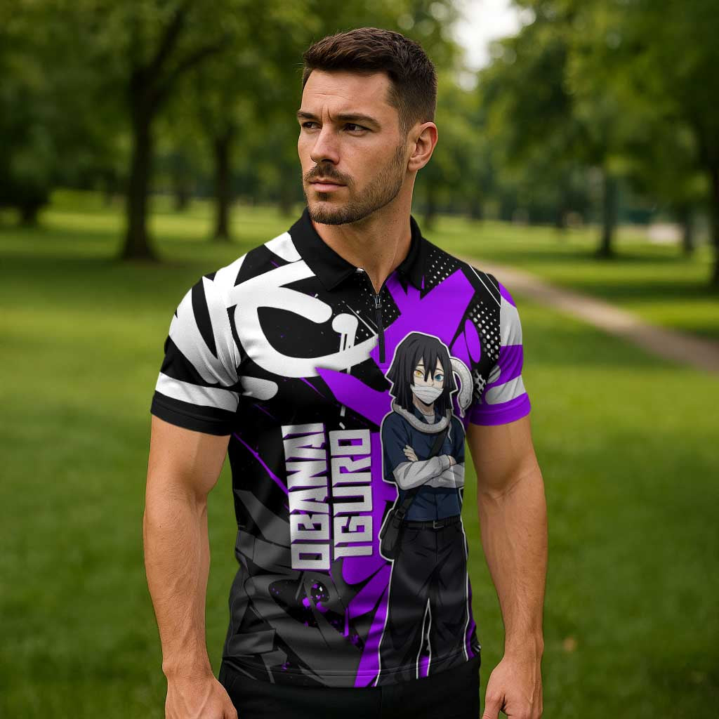 Obanai Iguro Demon Slayer Zipper Polo Shirt Purple Graffiti Anime Style