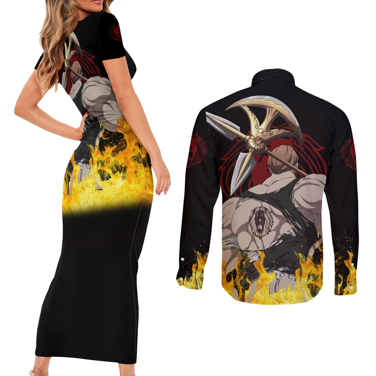 Escanor Couples Matching Short Sleeve Bodycon Dress and Long Sleeve Button Shirt Seven Deadly Sins Anime