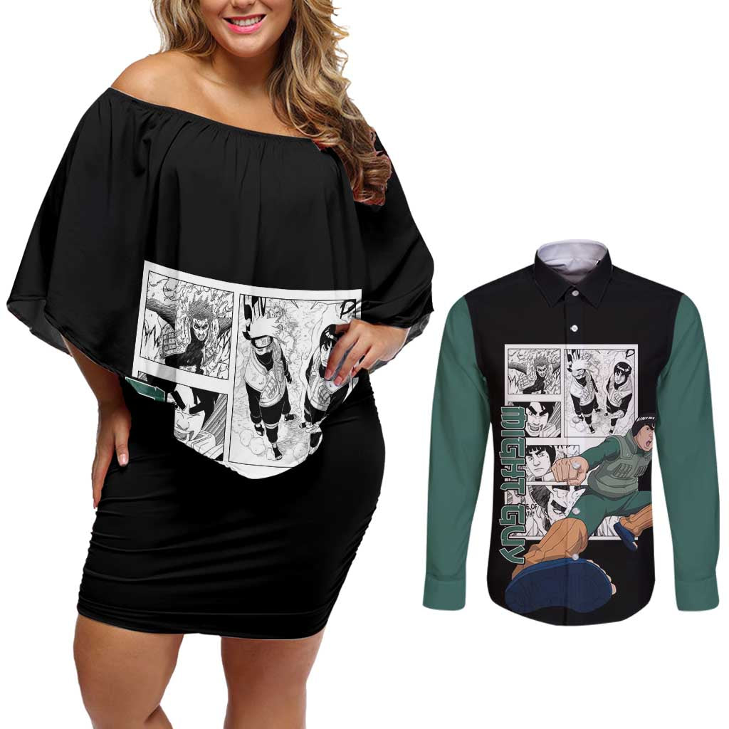 Might Guy - Naruto Couples Matching Off Shoulder Short Dress and Long Sleeve Button Shirt Anime Mix Manga Style