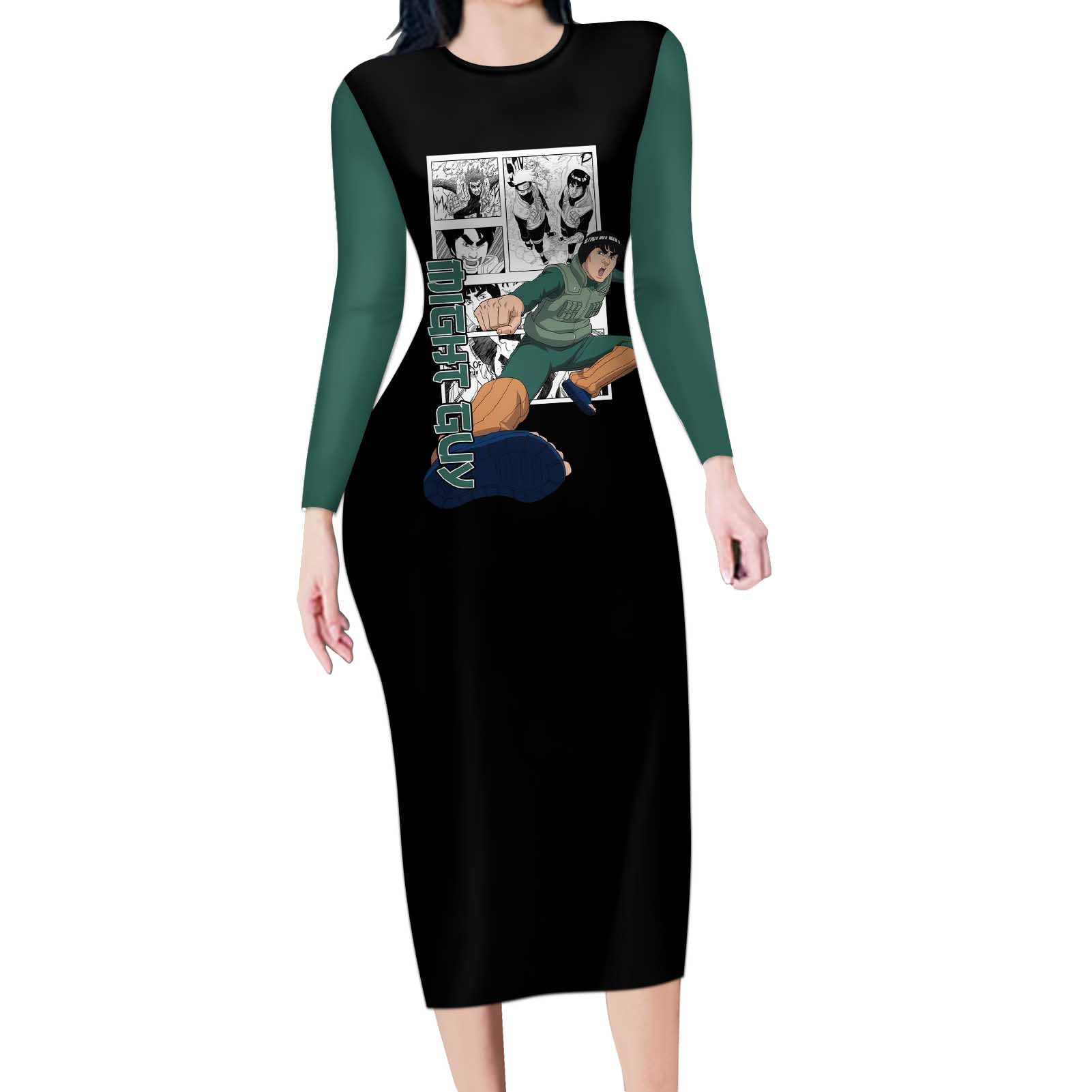 Might Guy - Naruto Long Sleeve Bodycon Dress Anime Mix Manga Style
