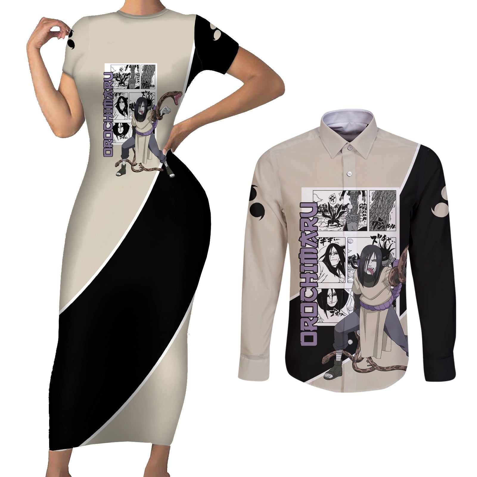 Orochimaru - Naruto Couples Matching Short Sleeve Bodycon Dress and Long Sleeve Button Shirt Anime Mix Manga Style