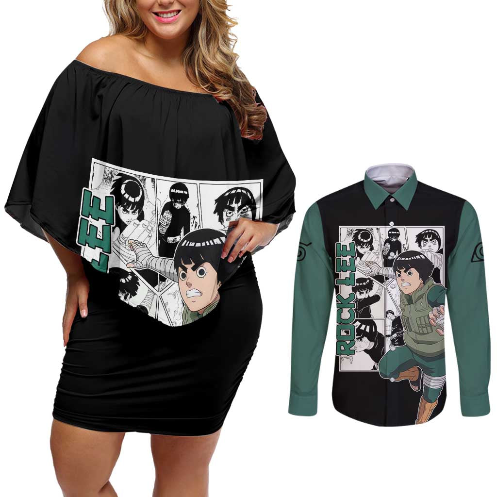 Rock Lee - Naruto Couples Matching Off Shoulder Short Dress and Long Sleeve Button Shirt Anime Mix Manga Style