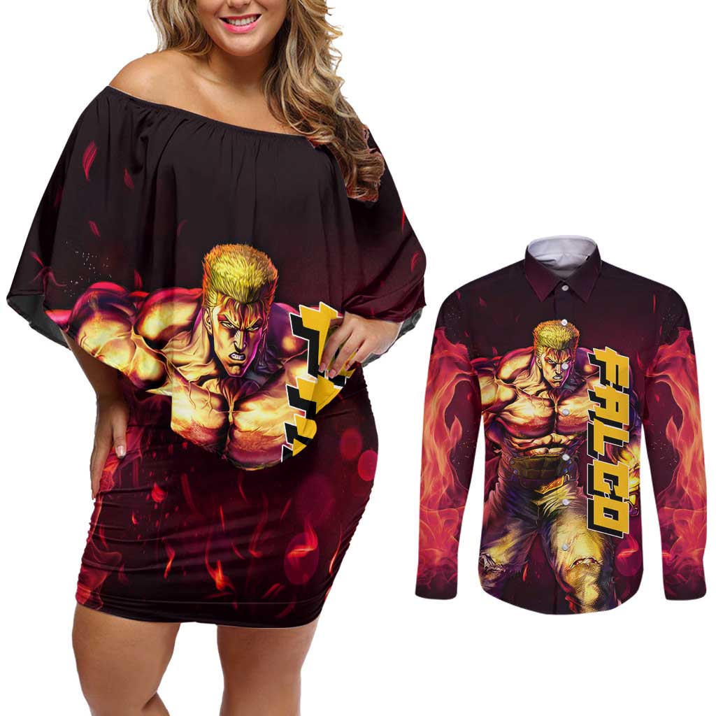 Falco - Fist Of The North Star Couples Matching Off Shoulder Short Dress and Long Sleeve Button Shirt Anime Mix Manga Style