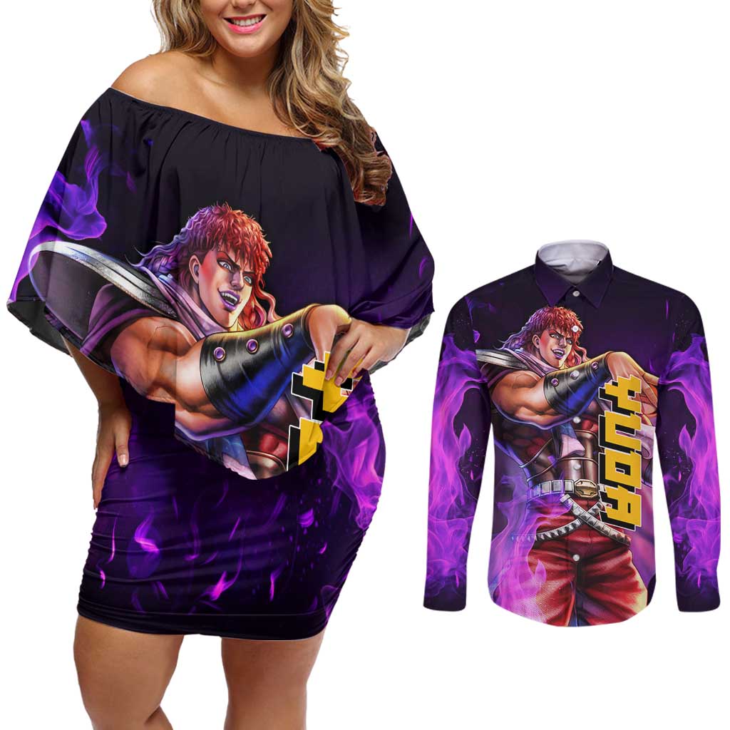Yuda - Fist Of The North Star Couples Matching Off Shoulder Short Dress and Long Sleeve Button Shirt Anime Mix Manga Style