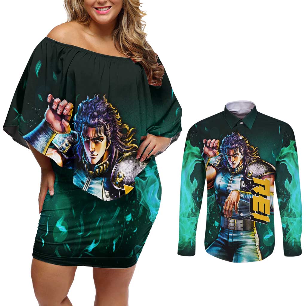 Rei - Fist Of The North Star Couples Matching Off Shoulder Short Dress and Long Sleeve Button Shirt Anime Mix Manga Style