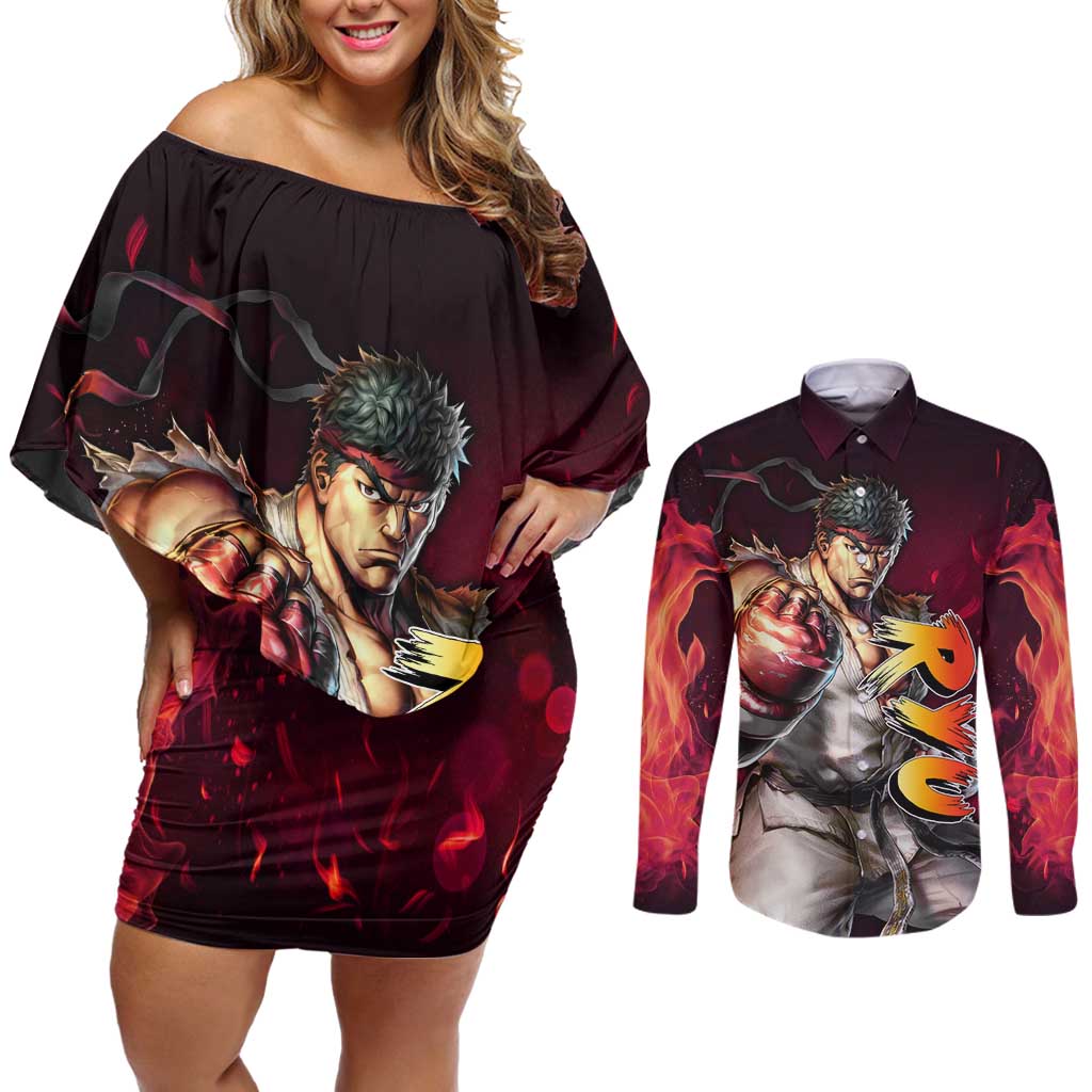 Ryu - Street Fighter Couples Matching Off Shoulder Short Dress and Long Sleeve Button Shirt Anime Style