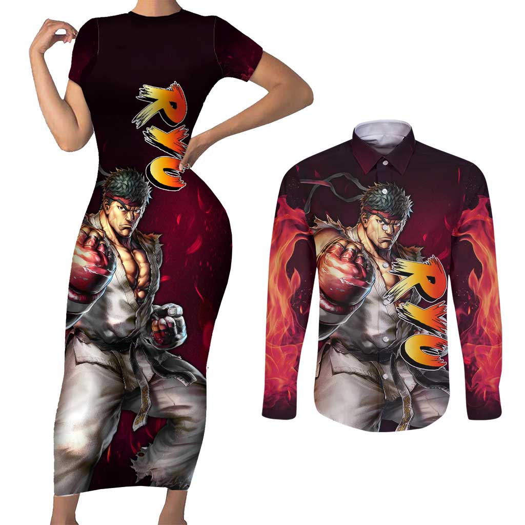 Ryu - Street Fighter Couples Matching Short Sleeve Bodycon Dress and Long Sleeve Button Shirt Anime Style