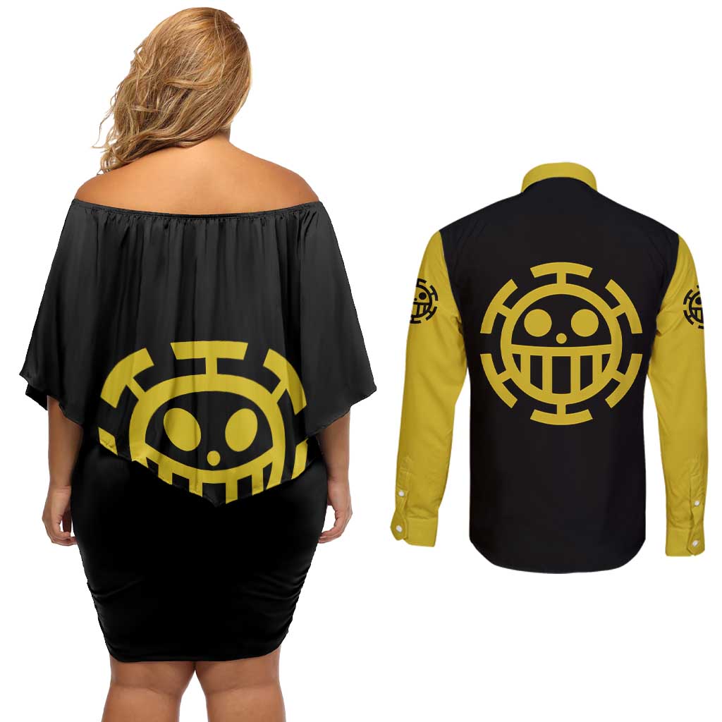 Trafalgar D. Law - One Piece Couples Matching Off Shoulder Short Dress and Long Sleeve Button Shirt Anime Mix Manga Style