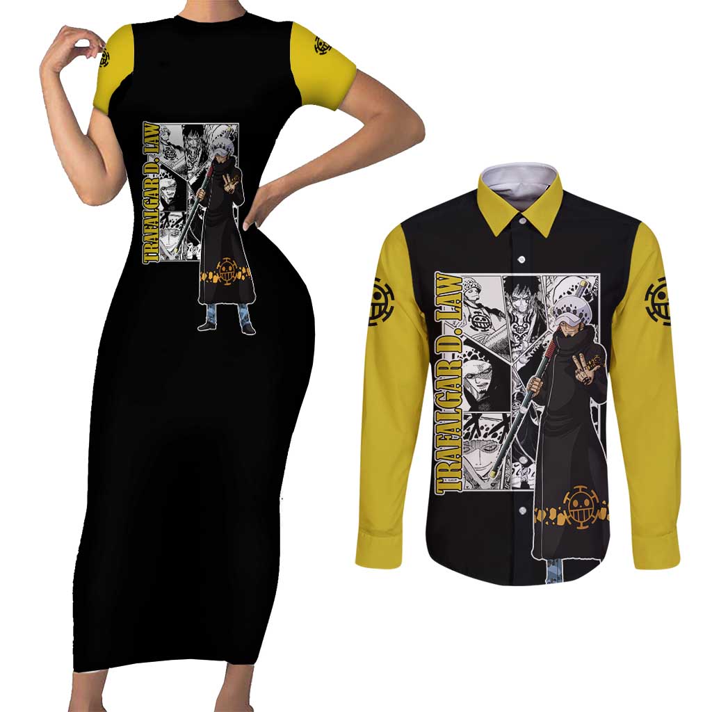Trafalgar D. Law - One Piece Couples Matching Short Sleeve Bodycon Dress and Long Sleeve Button Shirt Anime Mix Manga Style