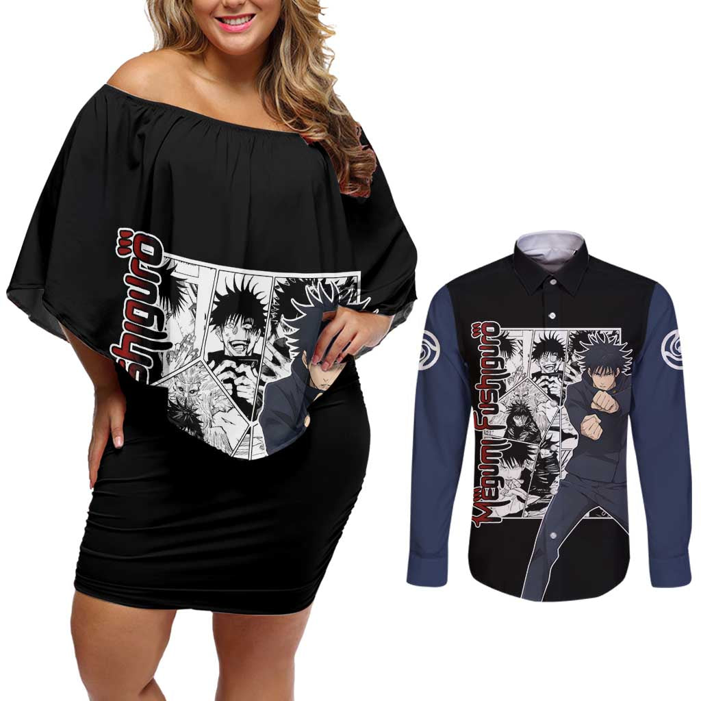 Megumi Fushiguro - Jujustu Kaisen Couples Matching Off Shoulder Short Dress and Long Sleeve Button Shirt Anime Mix Manga Style