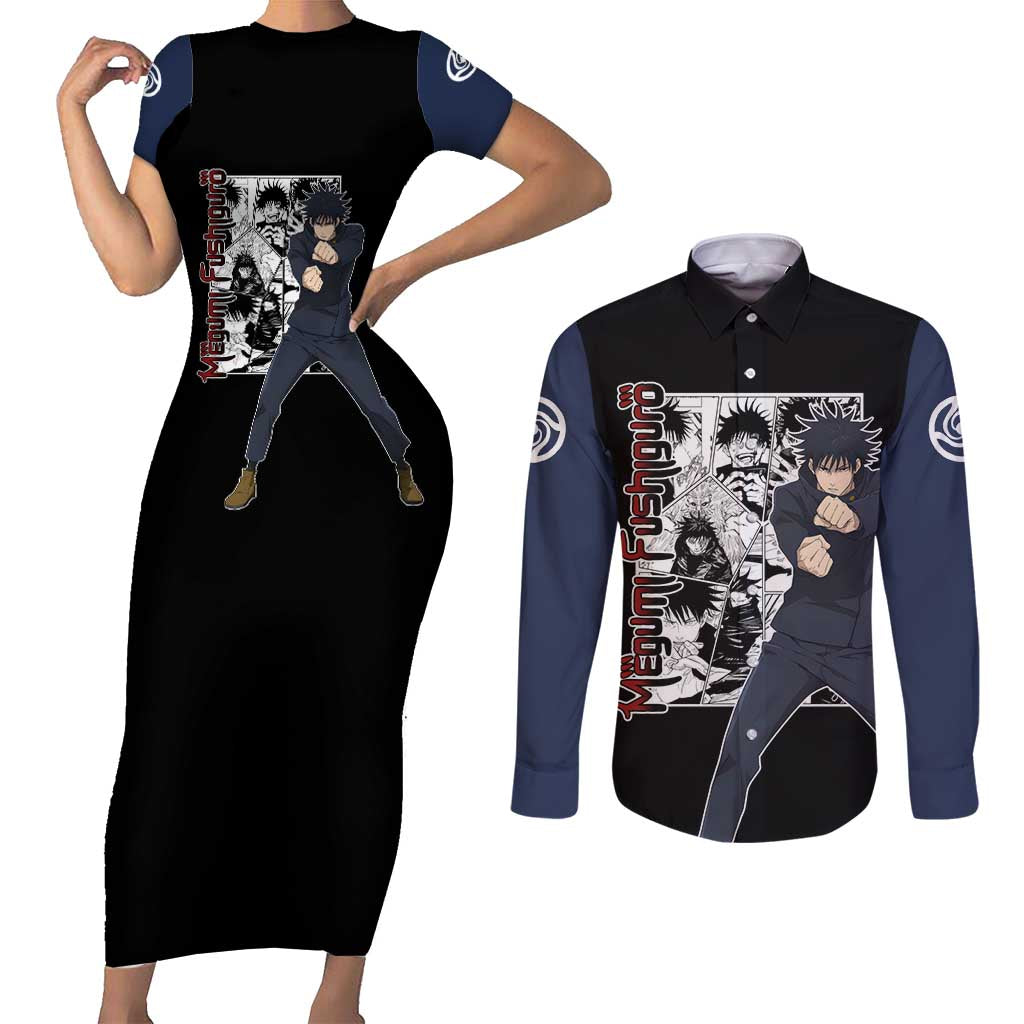 Megumi Fushiguro - Jujustu Kaisen Couples Matching Short Sleeve Bodycon Dress and Long Sleeve Button Shirt Anime Mix Manga Style
