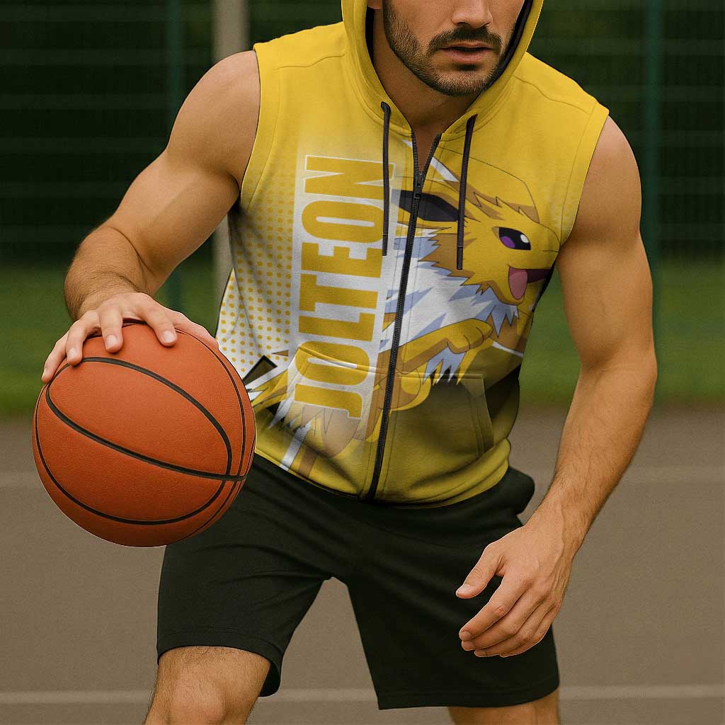 Jolteon from Poké Sleeveless Zip Hoodie with Electric Type Thunderbolt and Speed Design - The Mazicc