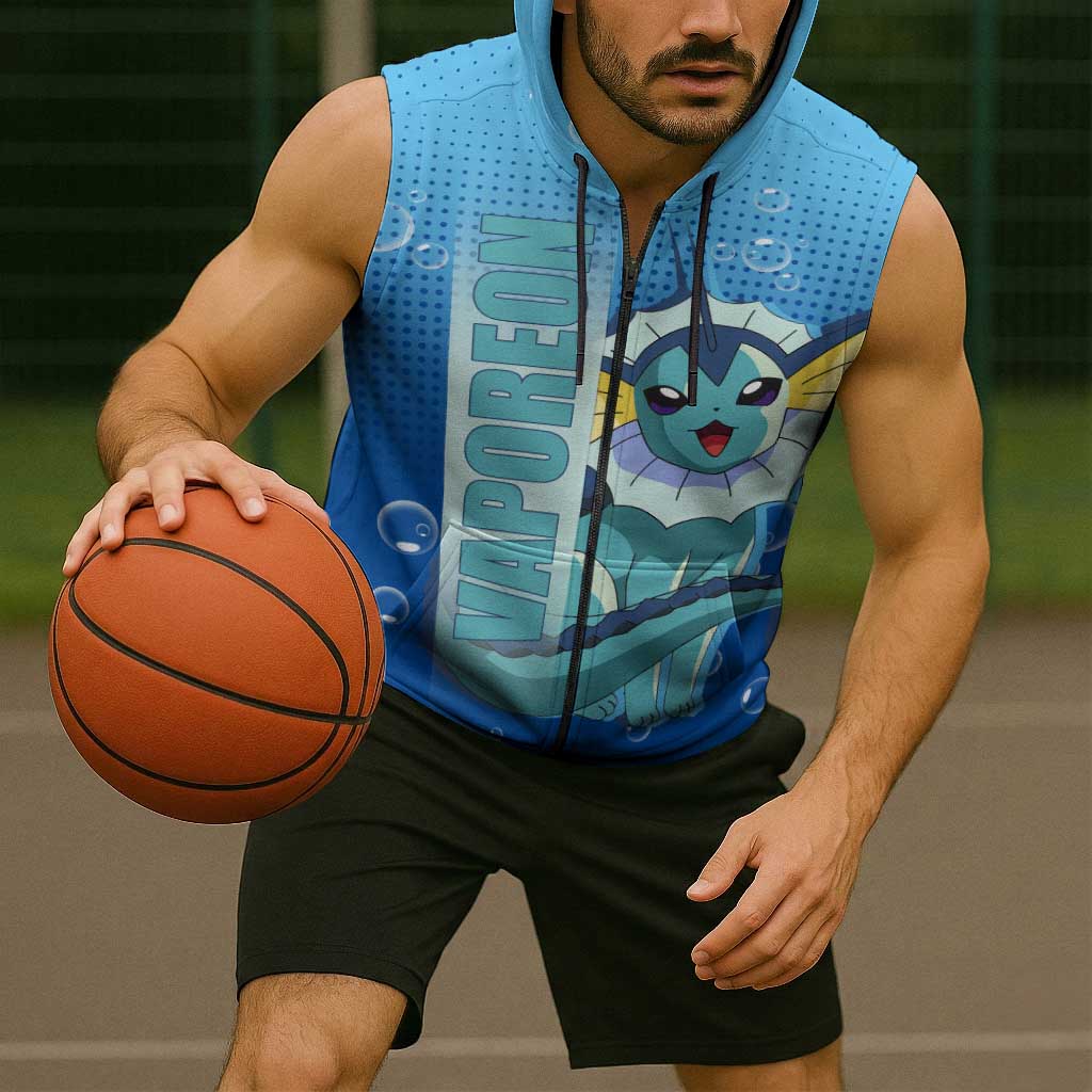 Vaporeon from Poké Sleeveless Zip Hoodie with Water Type Ability and Swimming Pose Design - The Mazicc