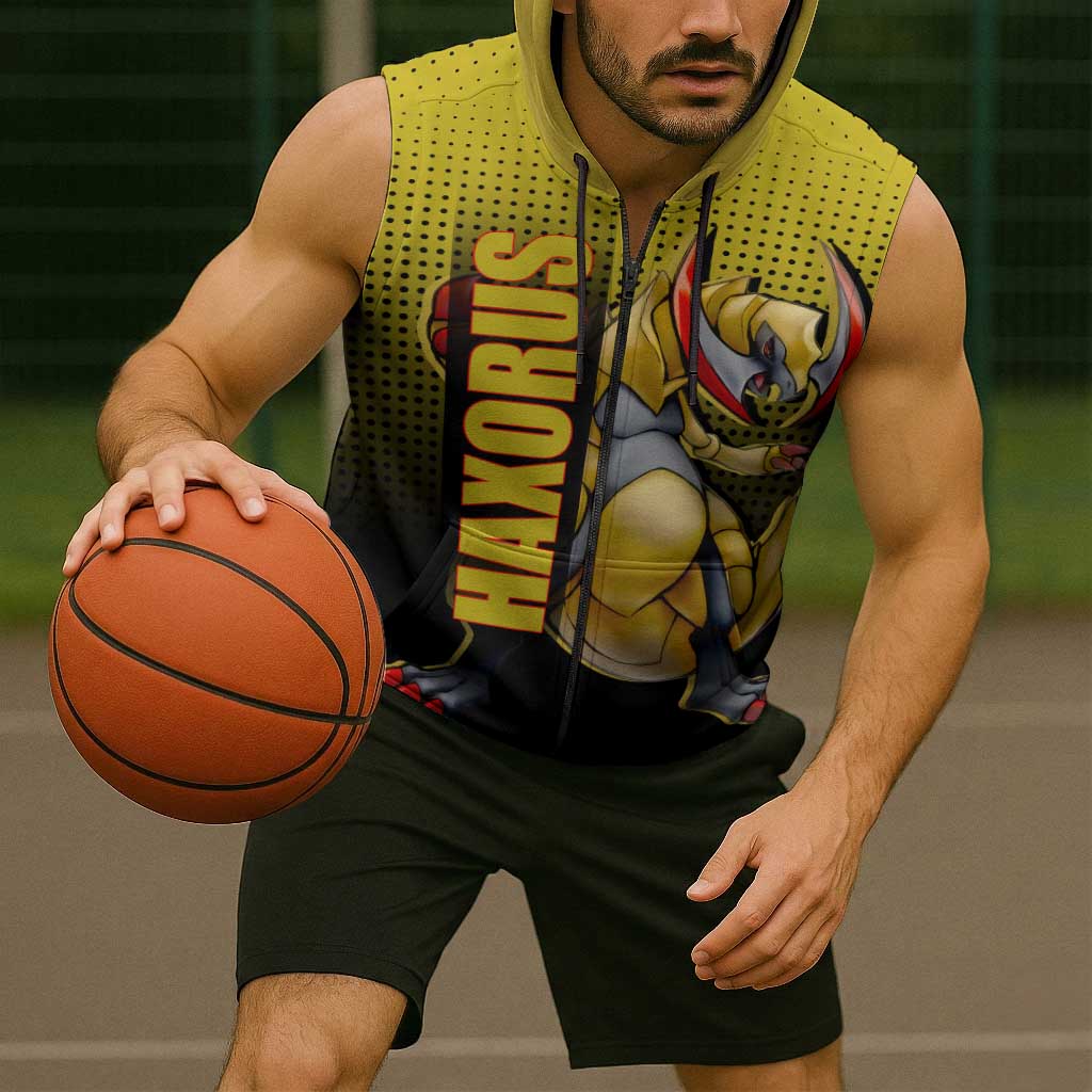 Haxorus from Poké Sleeveless Zip Hoodie with Dragon Type Ability and Battle-Ready Pose Design - The Mazicc