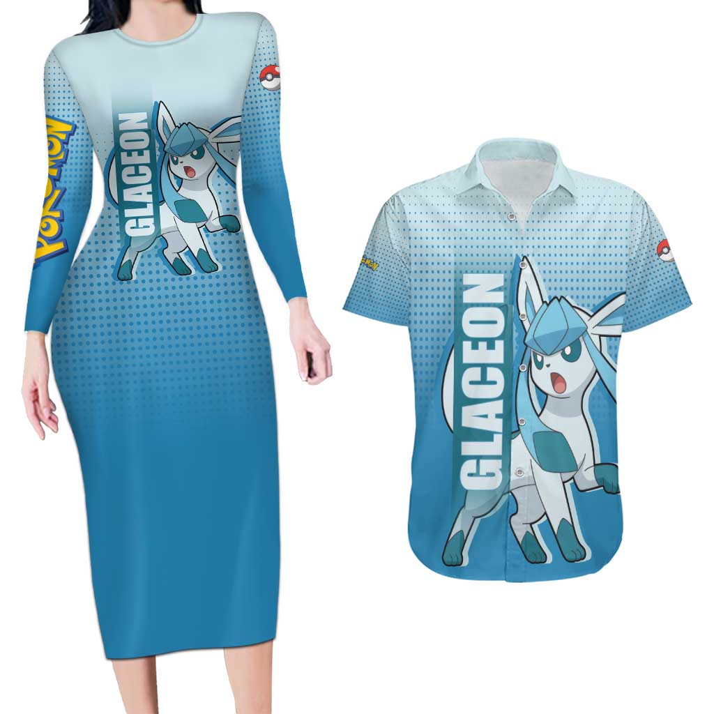 Glaceon from Poké Couples Matching Long Sleeve Bodycon Dress and Hawaiian Shirt with Ice Type Ability and Elegant Pose Design - The Mazicc