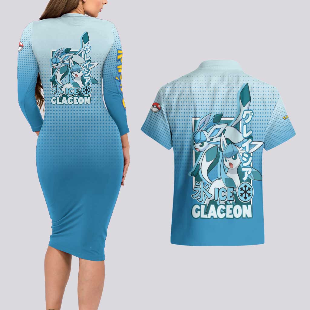Glaceon from Poké Couples Matching Long Sleeve Bodycon Dress and Hawaiian Shirt with Ice Type Ability and Elegant Pose Design - The Mazicc