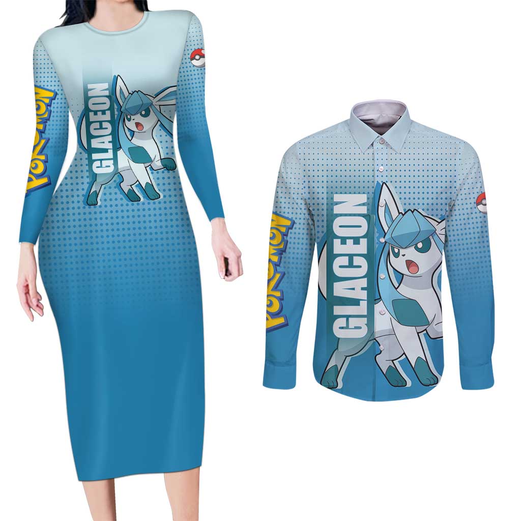 Glaceon from Poké Couples Matching Long Sleeve Bodycon Dress and Long Sleeve Button Shirt with Ice Type Ability and Elegant Pose Design - The Mazicc