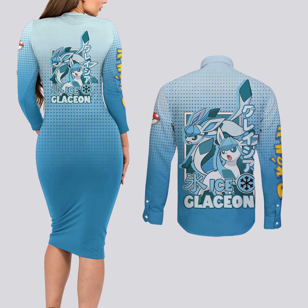 Glaceon from Poké Couples Matching Long Sleeve Bodycon Dress and Long Sleeve Button Shirt with Ice Type Ability and Elegant Pose Design - The Mazicc