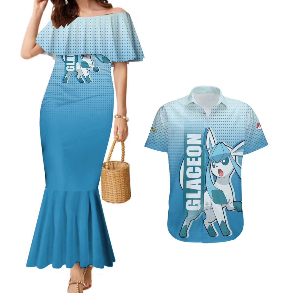 Glaceon from Poké Couples Matching Mermaid Dress and Hawaiian Shirt with Ice Type Ability and Elegant Pose Design - The Mazicc