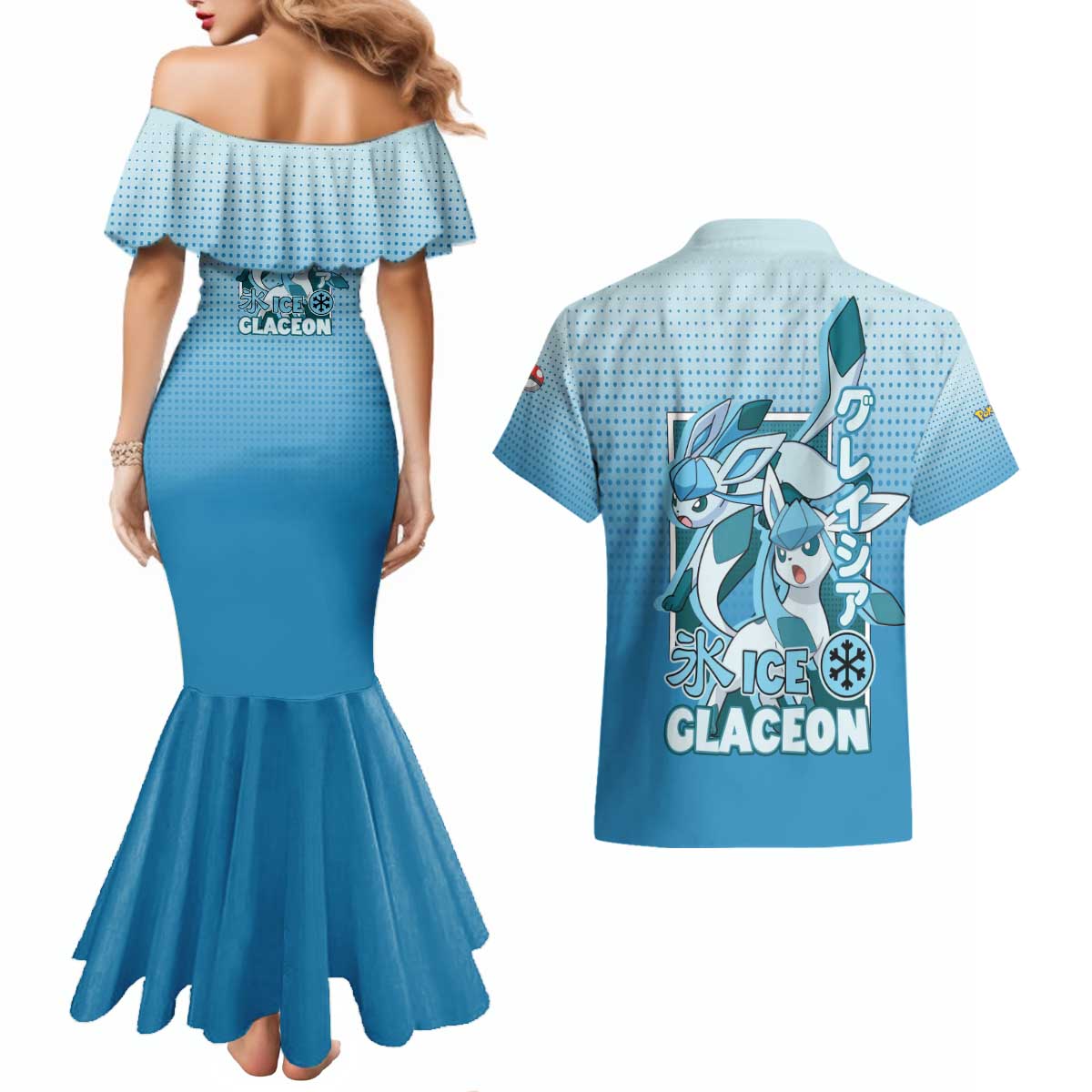 Glaceon from Poké Couples Matching Mermaid Dress and Hawaiian Shirt with Ice Type Ability and Elegant Pose Design - The Mazicc
