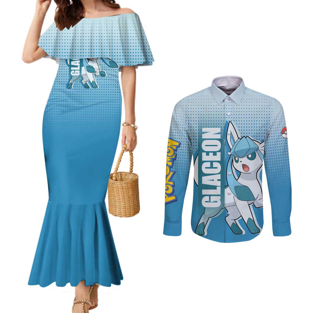 Glaceon from Poké Couples Matching Mermaid Dress and Long Sleeve Button Shirt with Ice Type Ability and Elegant Pose Design - The Mazicc