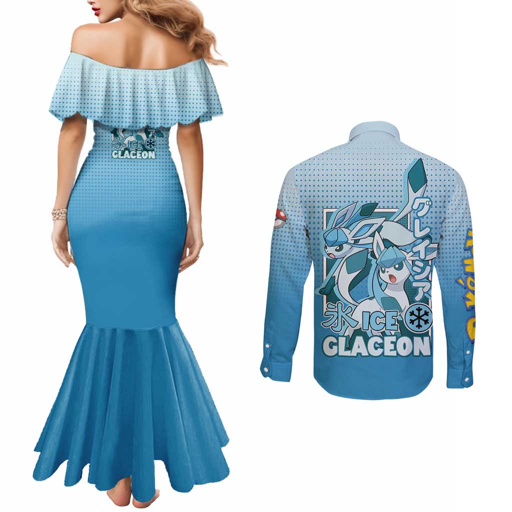 Glaceon from Poké Couples Matching Mermaid Dress and Long Sleeve Button Shirt with Ice Type Ability and Elegant Pose Design - The Mazicc