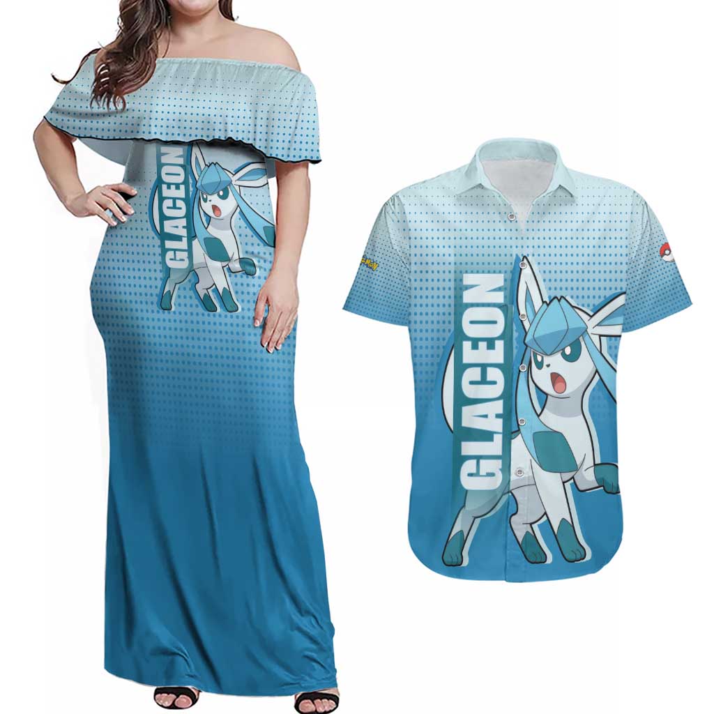 Glaceon from Poké Couples Matching Off Shoulder Maxi Dress and Hawaiian Shirt with Ice Type Ability and Elegant Pose Design - The Mazicc