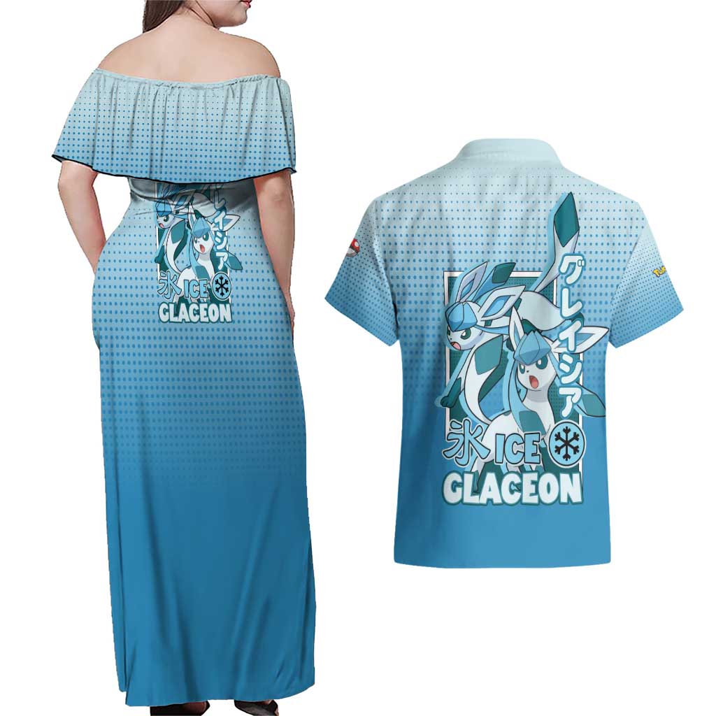 Glaceon from Poké Couples Matching Off Shoulder Maxi Dress and Hawaiian Shirt with Ice Type Ability and Elegant Pose Design - The Mazicc