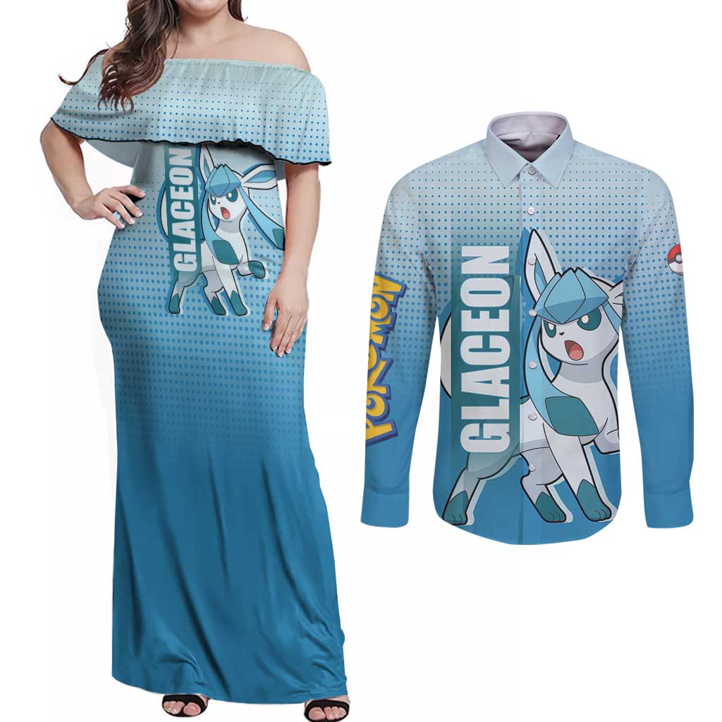Glaceon from Poké Couples Matching Off Shoulder Maxi Dress and Long Sleeve Button Shirt with Ice Type Ability and Elegant Pose Design - The Mazicc