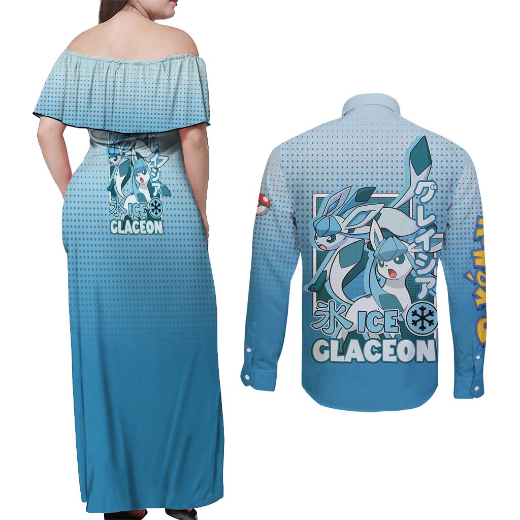 Glaceon from Poké Couples Matching Off Shoulder Maxi Dress and Long Sleeve Button Shirt with Ice Type Ability and Elegant Pose Design - The Mazicc