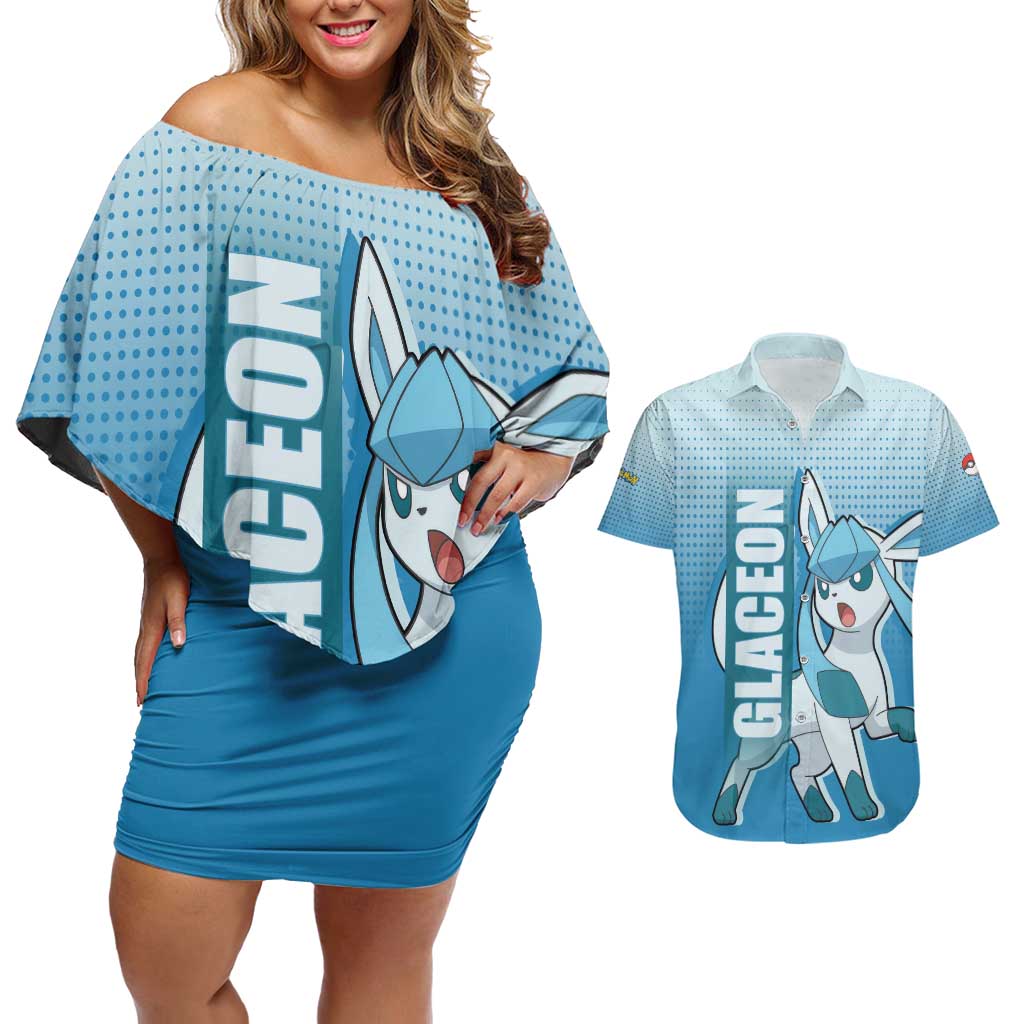 Glaceon from Poké Couples Matching Off Shoulder Short Dress and Hawaiian Shirt with Ice Type Ability and Elegant Pose Design - The Mazicc