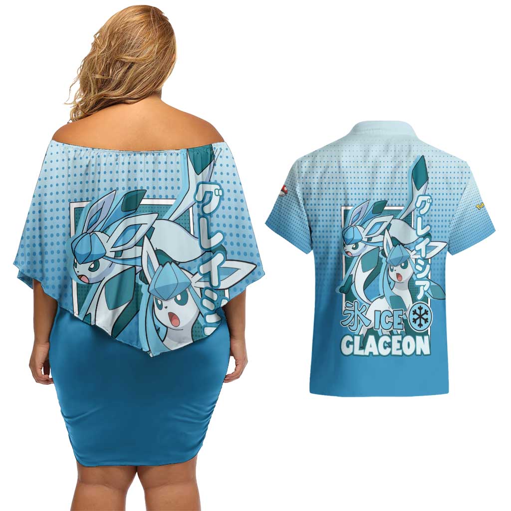 Glaceon from Poké Couples Matching Off Shoulder Short Dress and Hawaiian Shirt with Ice Type Ability and Elegant Pose Design - The Mazicc