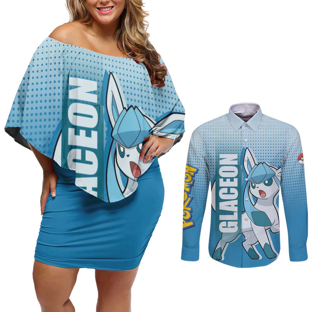 Glaceon from Poké Couples Matching Off Shoulder Short Dress and Long Sleeve Button Shirt with Ice Type Ability and Elegant Pose Design - The Mazicc