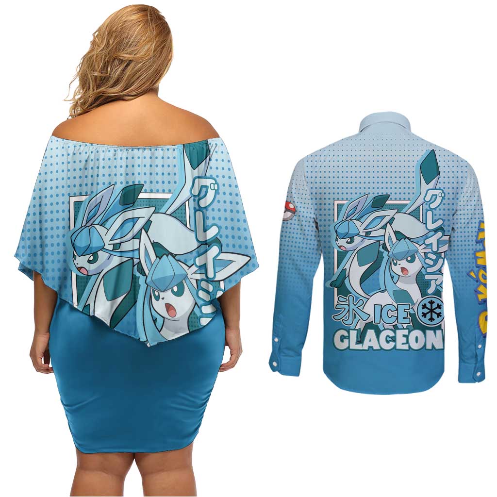 Glaceon from Poké Couples Matching Off Shoulder Short Dress and Long Sleeve Button Shirt with Ice Type Ability and Elegant Pose Design - The Mazicc